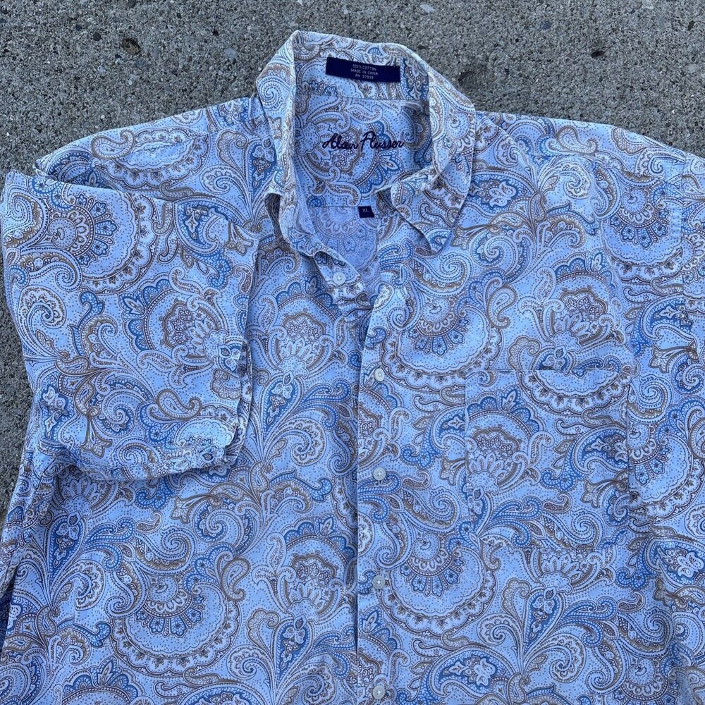 Alan Flusser Paisley Shirt Men’s Size XL Tan Blue Button Down Short Sleeve